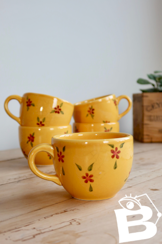 Grande tasse vintage céramique jaune à fleurs peintes à la main