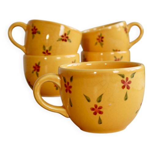 Grande tasse vintage céramique jaune à fleurs peintes à la main