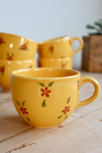Grande tasse vintage céramique jaune à fleurs peintes à la main