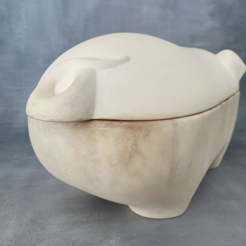 Grande terrine boite cochon intérieur émaille craquelée Long.~ 40.5 cm