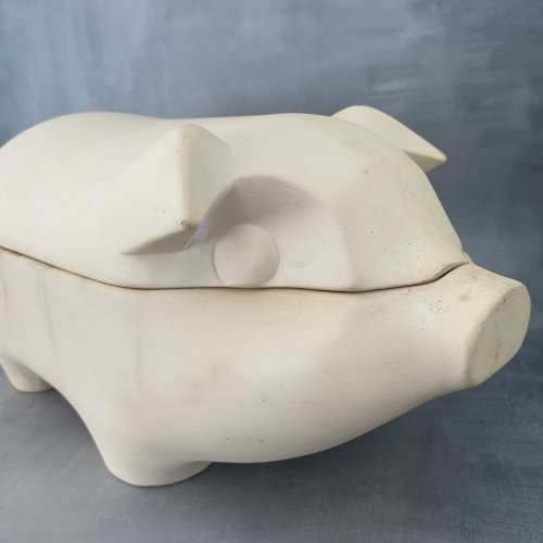 Grande terrine boite cochon intérieur émaille craquelée Long.~ 40.5 cm