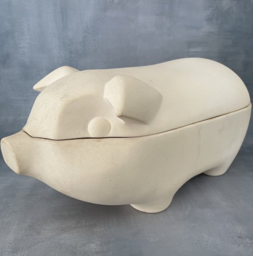 Grande terrine boite cochon intérieur émaille craquelée Long.~ 40.5 cm