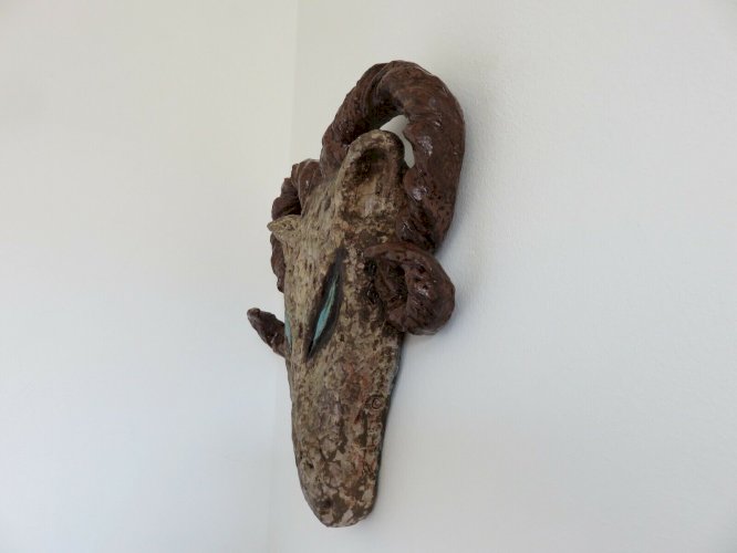 GRANDE TETE DE BELIER PSYCHEDELIQUE CERAMIQUE DECORATION MURALE ANNEES 60 70 