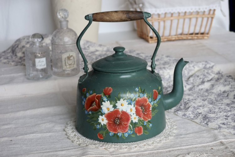 Grande théière décorative ancienne métal vert