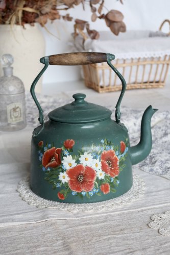 Grande théière décorative ancienne métal vert