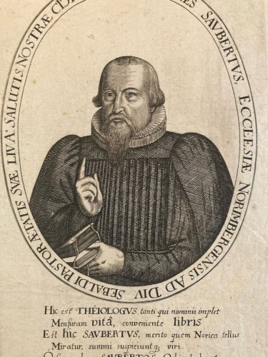 Gravure 1650 Johannes Saubert bibliothécaire théologien Nuremberg portrait Art