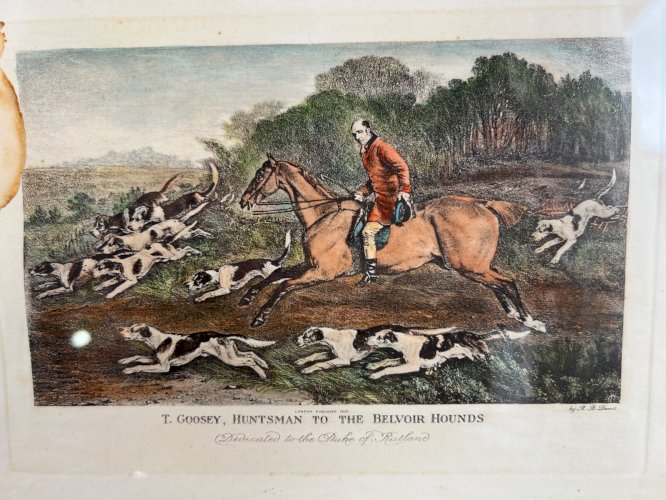Gravure 1815 – T. Goosey, piqueur des Belvoir Hounds – signée Davis – Chasse
