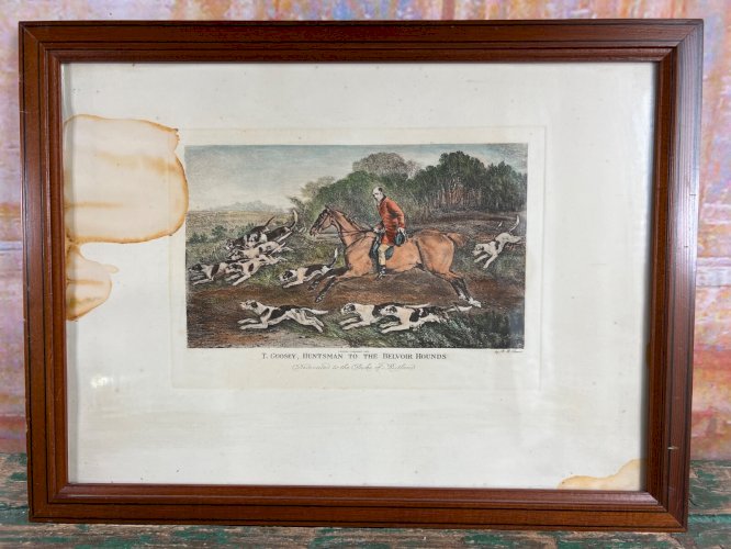 Gravure 1815 – T. Goosey, piqueur des Belvoir Hounds – signée Davis – Chasse