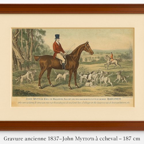 Gravure 1837 John Mytton à cheval chasse à courre anglaise signée W. Giller