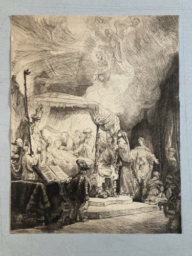 Gravure 1878 Rembrandt pointe sèche Eau forte, la mort de la vierge