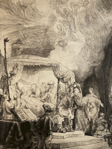 Gravure 1878 Rembrandt pointe sèche Eau forte, la mort de la vierge