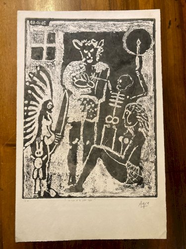 Gravure 1969 Antoine Agra Surréaliste Surréalisme Etching Squelette Art crâne