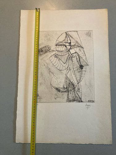 Gravure 1970 Antoine Agra Surréaliste Surréalisme Rhinocéros pointe sèche Art
