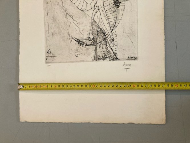 Gravure 1970 Antoine Agra Surréaliste Surréalisme Rhinocéros pointe sèche Art