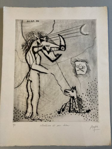Gravure 1970 Antoine Agra Surréaliste Surréalisme Rhinocéros pointe sèche Art