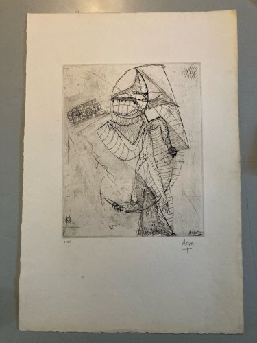 Gravure 1970 Antoine Agra Surréaliste Surréalisme Rhinocéros pointe sèche Art
