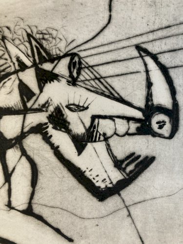 Gravure 1970 Antoine Agra Surréaliste Surréalisme Rhinocéros pointe sèche Art