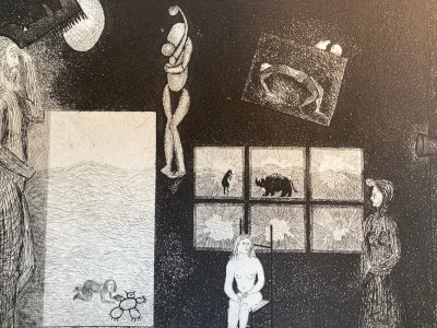 Gravure 1970 Antoine Agra Surréaliste Surréalisme Rhinocéros pointe sèche Femme