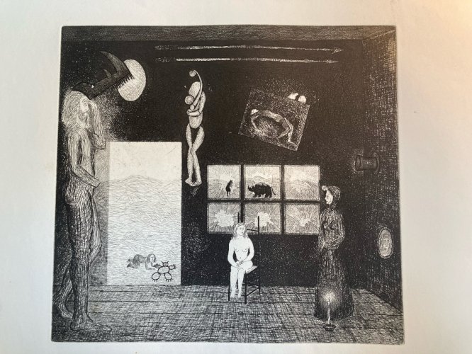 Gravure 1970 Antoine Agra Surréaliste Surréalisme Rhinocéros pointe sèche Femme