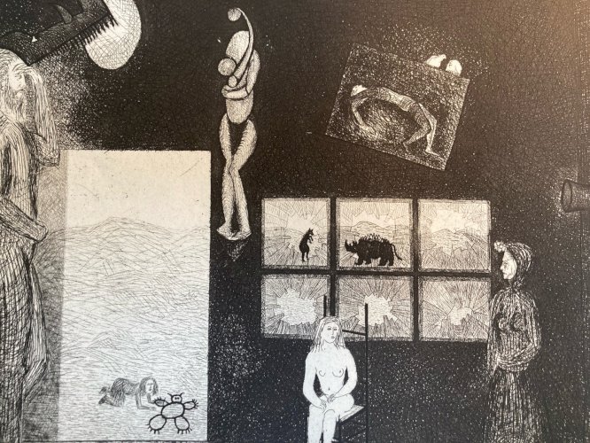 Gravure 1970 Antoine Agra Surréaliste Surréalisme Rhinocéros pointe sèche Femme