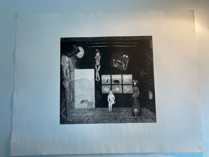 Gravure 1970 Antoine Agra Surréaliste Surréalisme Rhinocéros pointe sèche Femme