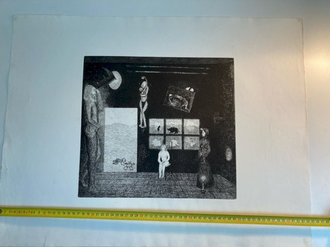 Gravure 1970 Antoine Agra Surréaliste Surréalisme Rhinocéros pointe sèche Femme