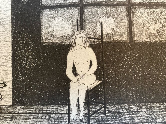 Gravure 1970 Antoine Agra Surréaliste Surréalisme Rhinocéros pointe sèche Femme