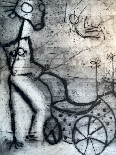 Gravure 1970 Antoine Agra Surréaliste Surréalisme Rhinocéros Poussette Femme Art