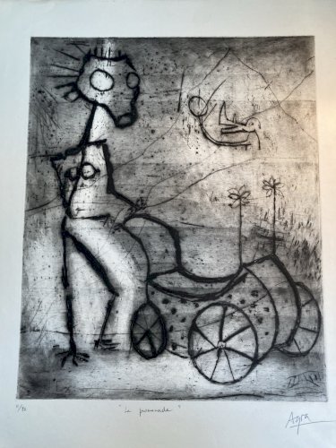 Gravure 1970 Antoine Agra Surréaliste Surréalisme Rhinocéros Poussette Femme Art