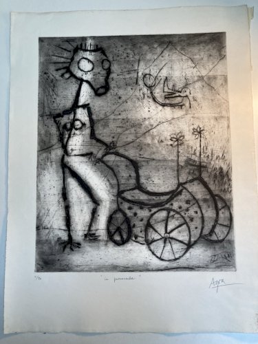 Gravure 1970 Antoine Agra Surréaliste Surréalisme Rhinocéros Poussette Femme Art