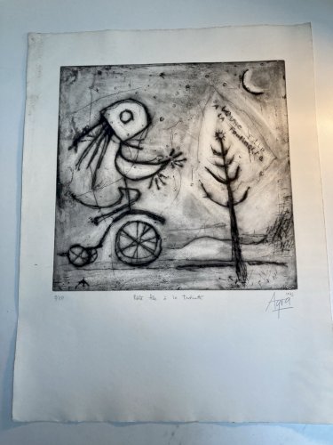 Gravure 1970 Antoine Agra Surréaliste Surréalisme Trottinette Tricycle VELO Art
