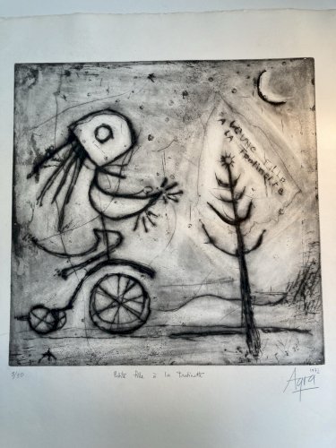 Gravure 1970 Antoine Agra Surréaliste Surréalisme Trottinette Tricycle VELO Art