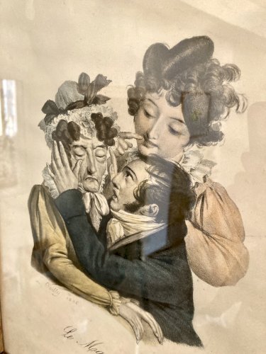 Gravure à l'eau forte rehaussée en couleur "Le magnétisme" d'après Boilly, XIXe siècle