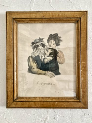 Gravure à l'eau forte rehaussée en couleur "Le magnétisme" d'après Boilly, XIXe siècle