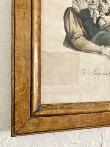 Gravure à l'eau forte rehaussée en couleur "Le magnétisme" d'après Boilly, XIXe siècle