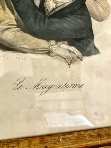 Gravure à l'eau forte rehaussée en couleur "Le magnétisme" d'après Boilly, XIXe siècle