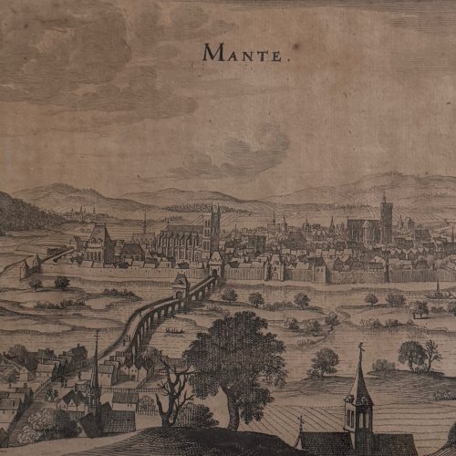 Gravure ancienne représentant Mante XVIIe A5802