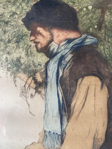 Gravure ancienne signée, Maurice Langaskens, encadrée sous verre, 1935, original