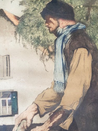 Gravure ancienne signée, Maurice Langaskens, encadrée sous verre, 1935, original