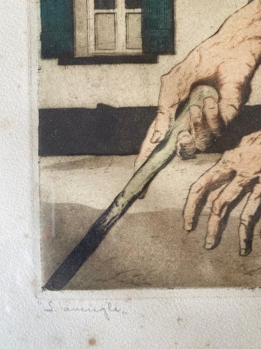 Gravure ancienne signée, Maurice Langaskens, encadrée sous verre, 1935, original