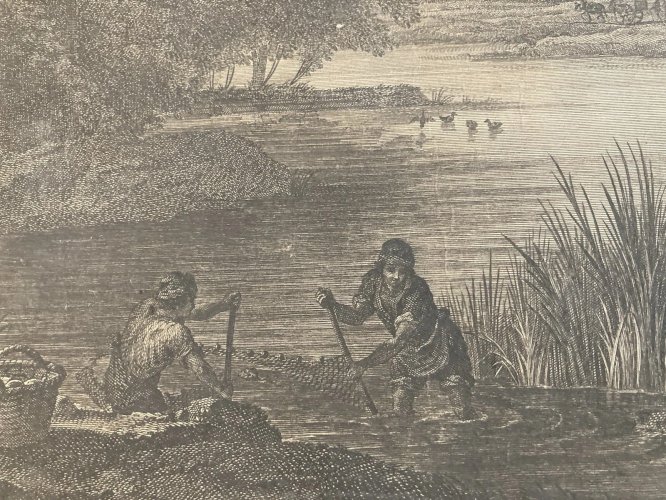 Gravure Ancienne XVIIIe La Pêche Pierre Patel (1604-1676) Art Ancien Noire