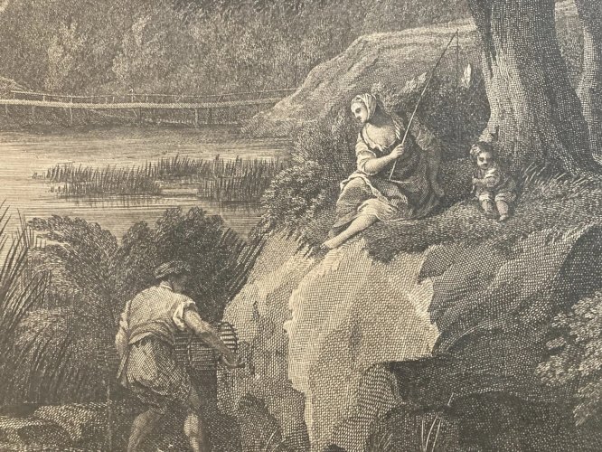 Gravure Ancienne XVIIIe La Pêche Pierre Patel (1604-1676) Art Ancien Noire