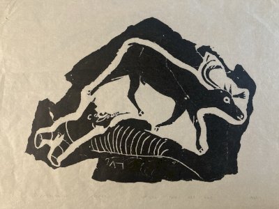 Engraving ANNIE MIKPIGA Inuit Art Eskimo Native XXth Reindeer Hunting Art 1960