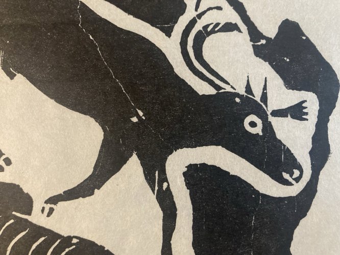 Gravure ANNIE MIKPIGA Art Inuit Native Esquimau  XXe Renne Chasse Art 1960