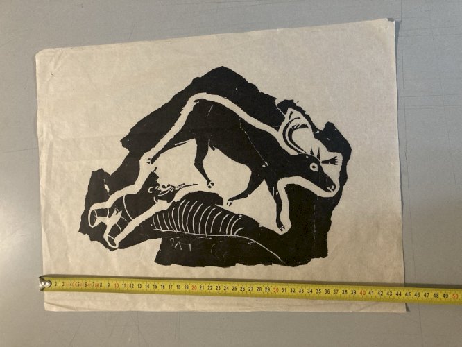 Gravure ANNIE MIKPIGA Art Inuit Native Esquimau  XXe Renne Chasse Art 1960