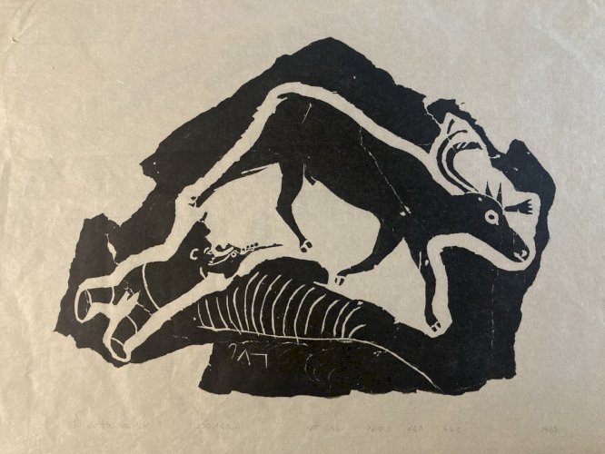 Gravure ANNIE MIKPIGA Art Inuit Native Esquimau  XXe Renne Chasse Art 1960
