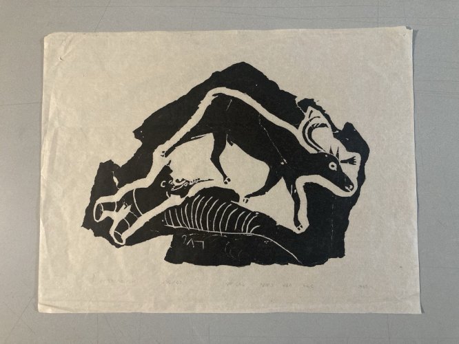 Gravure ANNIE MIKPIGA Art Inuit Native Esquimau  XXe Renne Chasse Art 1960