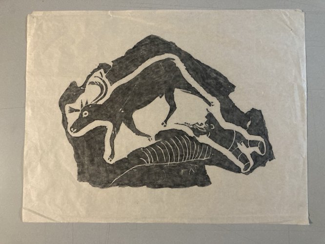 Gravure ANNIE MIKPIGA Art Inuit Native Esquimau  XXe Renne Chasse Art 1960