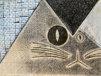 Gravure Antoine Agra Surréaliste Surréalisme estampe Gaufrage 1970 Chat