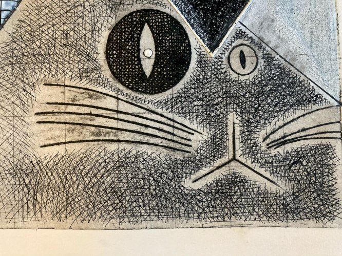 Gravure Antoine Agra Surréaliste Surréalisme estampe Gaufrage 1970 Chat